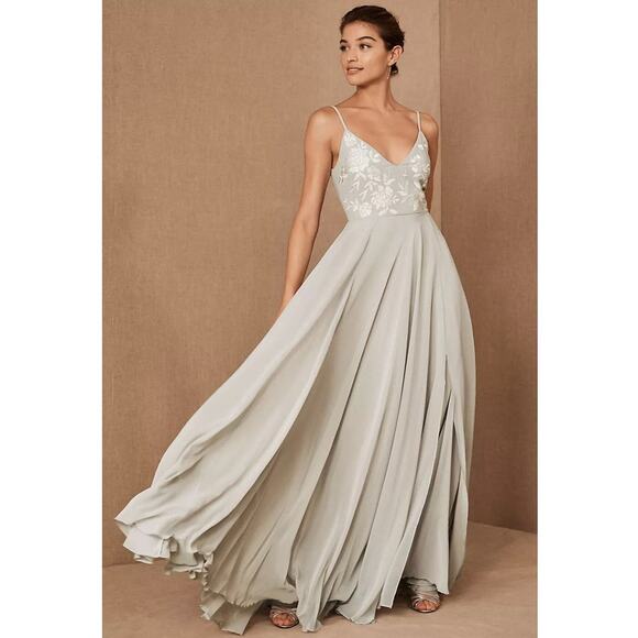 New Anthropologie BHLDN Sadia Floral Embroidered Maxi Dress $220 SIZE 8 Fog - Picture 1 of 5
